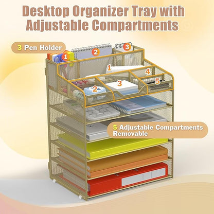 Docnest 6 Tier Mesh Desk Organizer for Paper Office Supplies – Multi-Functional Letter Tray with 5 Adjustable Compartments, 8 Pen Holders, Desktop Storage for Files, Mail, Stationery – Gold