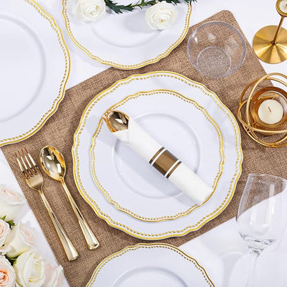Hioasis 350pcs White and Gold Plastic Plates - Gold Plastic Dinnerware Set Includes 50 Dinner Plates, 50 Dessert Dinnerware, 50 Cups, 50 Rolled Napkin Cutlery Perfect for Wedding & Party