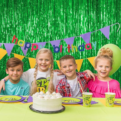 Thicken Green Streamers 2 Pack 3.2 x 8.2 FT, Green Birthday Decrorations Tinsel Backdrop Curtains, Foil Fringe Photo Backdrop for Dinosaur, Football, Christmas, Jungle, Golf Party Decorations