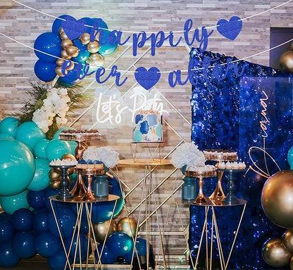 Pre-Strung Happily Ever After Banner - Royal Blue Glitter Bachelorette Bridal Engagement Party Decoration Supplies, Bachelorette Wedding Party Banner for Engagement, Bridal Shower, Wedding Party Photo Booth Props