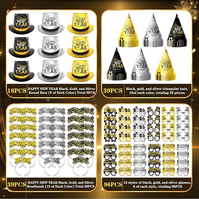 192PCS New Years Eve Party Supplies 2026 for 96 Guests, Happy New Years Decorations Party Favors Includes Top Hats, Tiaras, Glasses Accessories for Adults Kids Nye Decorations 2026