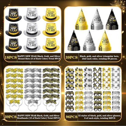 192PCS New Years Eve Party Supplies 2026 for 96 Guests, Happy New Years Decorations Party Favors Includes Top Hats, Tiaras, Glasses Accessories for Adults Kids Nye Decorations 2026