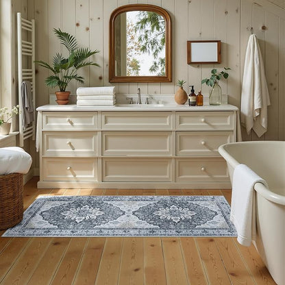 Area Rugs 2'x6' Runner Rug Non Slip Washable for Kitchen Hallway Bedroom Beside Laundry Room Bathroom Rug, Floor Carpet, Light Gray Grey White