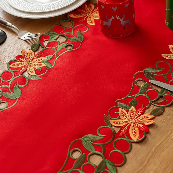 Joyfol Day Christmas Red Flowers Table Runner 14 x 86 Inch, Cutwork Embroidered Florals Table Runners, for Xmas Holiday Winter Festival Kitchen Dining Tabletop Decoration