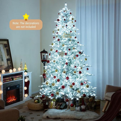 GOFLAME 8FT Pre-Lit Christmas Tree Snow Flocked, Hinged Artificial Xmas Tree with 1447 Branch Tips, 800 Cold White LED Lights, 3 Lighting Modes, Timer, Remote, Holiday Decoration Tree for Home Party