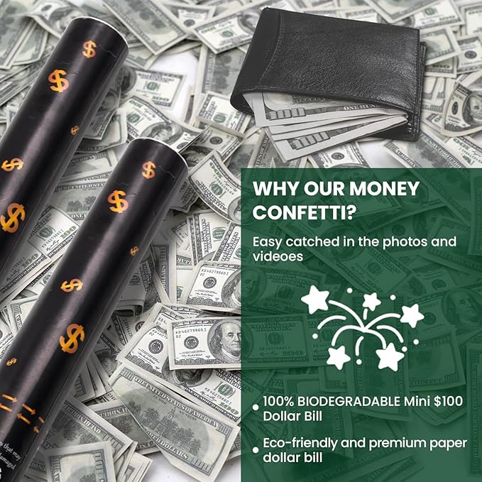 Confetti Cannon Party Poppers 12 Pack 100 Dollar Bill Money Paper Make it Rain 12 inch Confetti Shooters Bill Launcher for Business Signing Opening Activities Birthday Party Celebration