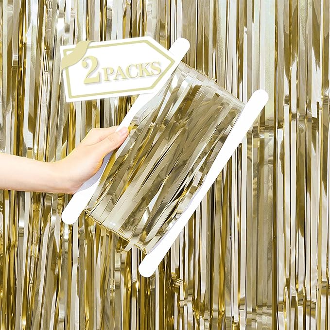 Metallic Tinsel Foil Fringe Curtains Backdrop Champagne Gold, 2 Pcs 3.28 ft x 6.56 ft Streamers for Birthday Party Graduation New Years Indoor Outdoor Photo Booth Windows Decorations Supplies
