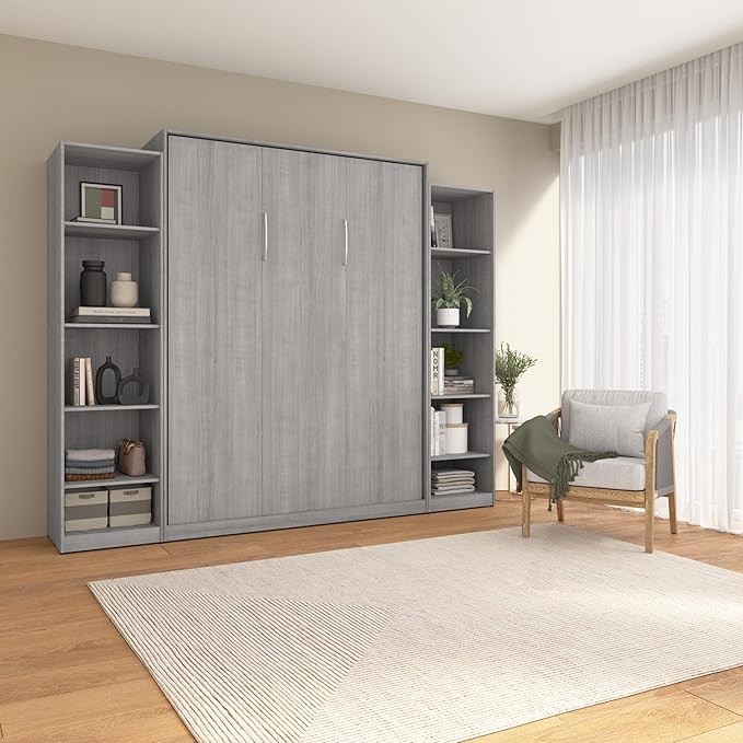 Bestar Claremont Queen Murphy Bed with Closet Organizers (105W) in Platinum Gray, Space-Saving Sleeping Arrangement for Multipurpose Room