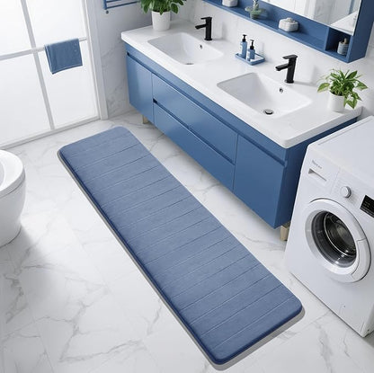 Yimobra Bathroom Runner Rugs 72"x24" Non Slip Washable Memory Foam Bath Mat, Super Soft Water Absorbent Hallway Carpet for Vanity Tub Shower, Denim Blue