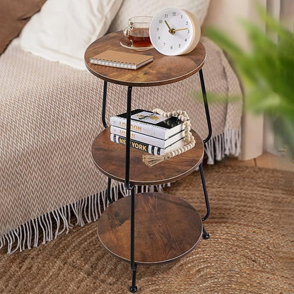 Small Round Side Table, 3 Tier Circular Narrow End Table with Storage Shelf, Round Corner Coffee Table Nightstand, Compact Tea Sofa Table for Living Room Bedroom Small Spaces, Rustic, Vintage, Brown
