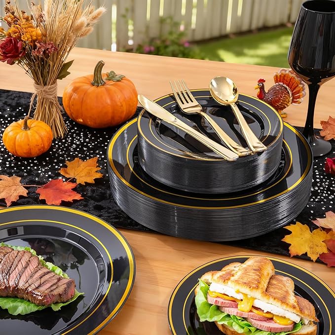 WELLIFE 350PCS Black and Gold Plastic Plates - Plastic Dinnerware Set for 50 Guests,Include 50 Dinner Plates, 50 Dessert Plates, 50 Black Cups 9 OZ, 50 Pre Rolled Napkins with Gold Silverware