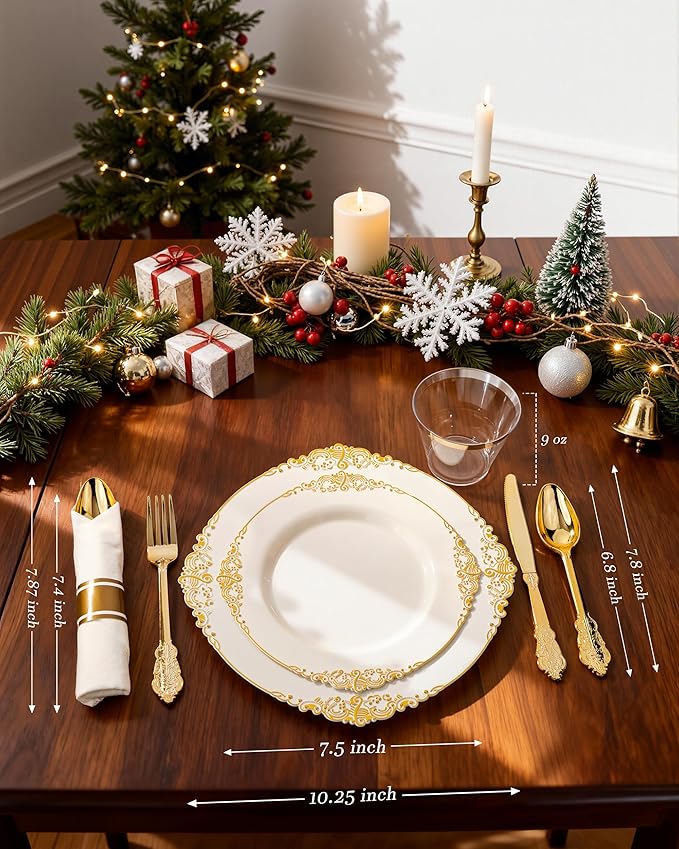 Nervure 350PCS Ivory Plastic Plates - Ivory Gold Plastic Dinnerware Sets for 50 Guests - 100 Gold Disposable Plates, 50 Pre Rolled Silverware Sets, 50 Cups Perfect for Wedding & Thanksgiving