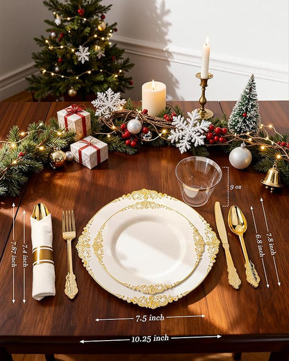 Nervure 350PCS Ivory Plastic Plates - Ivory Gold Plastic Dinnerware Sets for 50 Guests - 100 Gold Disposable Plates, 50 Pre Rolled Silverware Sets, 50 Cups Perfect for Wedding & Thanksgiving