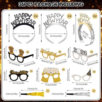 36 Pcs New Years Eve Party Supplies 2026 - New Years Decorations Set, Silver Gold Black Happy New Year Headband Tiara Glasses Noise Makers Bulk for Adults Kids New Year's Gifts Party Favors Decor
