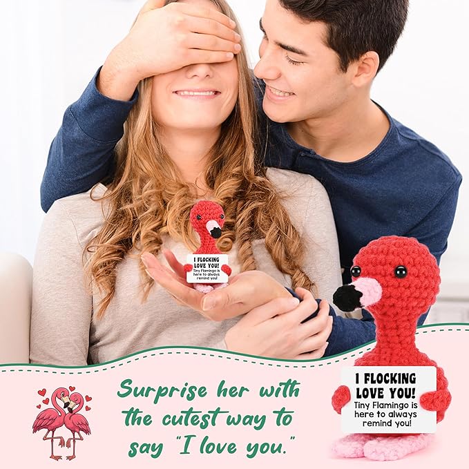 Funny Anniversary Women Gifts for Girlfriend Wife Christmas Stocking Stuffers Gifts for Her, Birthday I Love You Flamingo Romantic Gift for Couple Boyfriend, Handmade Crochet Flamingo Lover Present