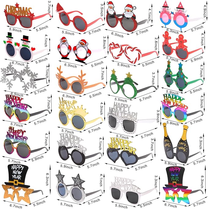 Christmas and New Year Party Glasses Set, 24 Pieces Novelty XMAS Eyeglasses, Photo Booth Props for Holiday Celebration, Christmas Party Favors, New Year's Eve Party Supplies