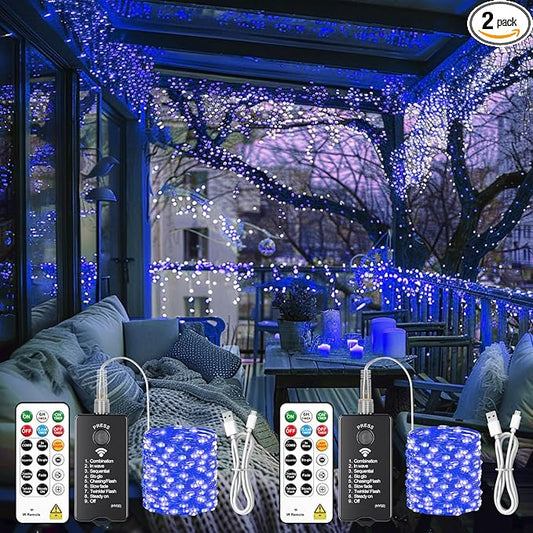 HXWEIYE Rechargeable Fairy Lights with Remote, 2 Pack 33ft 100LED Twinkle Lights with DIY Timer & Light Sensor, Waterproof Outdoor String Lights for Bedroom Patio Christmas Tree Decor, Blue