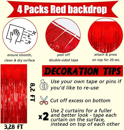 4 Pack 3.2Ft x 8.2Ft Red Fringe Curtain Backdrop, Sparkle Metallic Tinsel Foil Fringe Streamers Background for Photo Booth Birthday Wedding Baby Shower Halloween Christmas Party Decorations