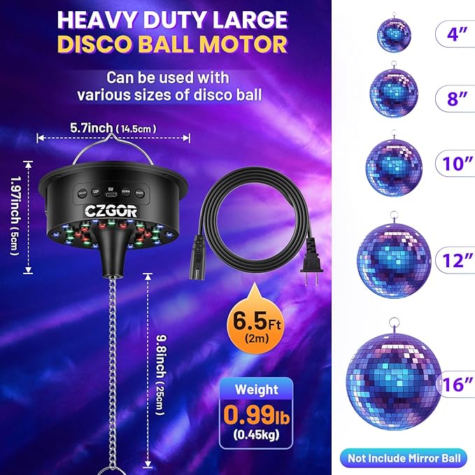 Rotating Disco Ball Motor Light with Remote, Czgor 3-15 RPM Adjustable Speed, 30 RGB LEDs, Detachable Cable/Battery/USB-C Power Mode, Supports 4'' - 16'' Mirror Balls for Party Bands Christmas Wedding