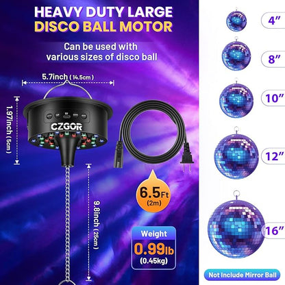 Rotating Disco Ball Motor Light with Remote, Czgor 3-15 RPM Adjustable Speed, 30 RGB LEDs, Detachable Cable/Battery/USB-C Power Mode, Supports 4'' - 16'' Mirror Balls for Party Bands Christmas Wedding