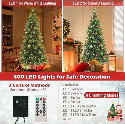 GOFLAME 7FT Pre-Lit Christmas Tree, Hinged Artificial Xmas Tree with Pine Needles, 974 Branch Tips, 36 Clusters of Red Berries, 400 LED Lights, 9 Lighting Modes, 4 Brightness, Remote Control & Timer