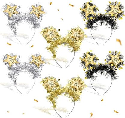 6 Pcs 2026 Happy New Year Headband with Star Boppers Headdresses Black Gold Silver Headdresses for New Year's Eve Party Supplies Holiday Supplies