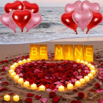 Be Mine Lighted Letters Sign 6pcs Luminary Paper Bags 2000pcs Red Pink Artificial Rose Petals 48pcs Flameless LED Candle Tealight 10pcs Heart Balloons Romantic Night Valentine's Day Decorations