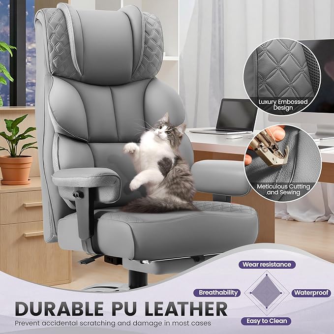 Office Desk Chair, Big and Tall Leather Gaming Chair with Footrest, Wide Ergonomic Comfy Executive High-Back Reclining Computer Chairs, Swivel Rolling Wheels and Padded Lumbar Support, Gray