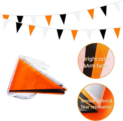 100 Feet 60 Pcs Orange White and Black Pennant Banner Flag String Hanging Triangle DIY Flag, Bunting Streamers Decoration for Grand Opening, Birthday, Wedding Celebration (Orange White & Black)