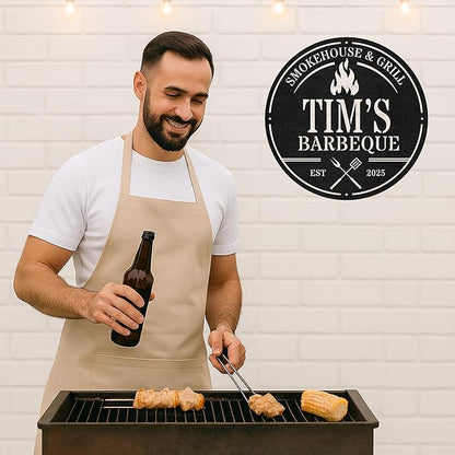 Custom Outdoor BBQ Metal Sign, Personalized Grill Wall Decor for Backyard Patio, Rustic Cut Metal Barbecue Sign Gift