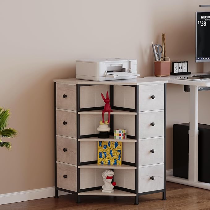 LUMTOK 8 Drawers Corner Dresser with Storage Fabric Drawers and Open Shelves for Small Space，Bedroom，Entryway，Living Room (Greige)