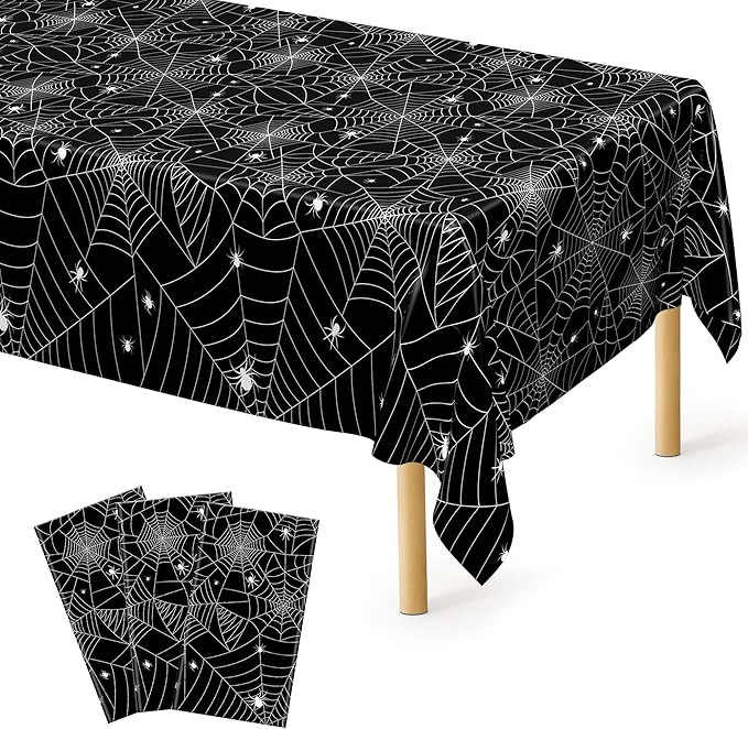 QZYL 3 PCS Halloween Table Cloths, 54" x 108" Spider Web Table Cloth, Black Disposable Tablecloth Plastic Tablecover, Spider Webs Halloween Decorations Party Supplies Tableware Decor