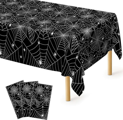 QZYL 3 PCS Halloween Table Cloths, 54" x 108" Spider Web Table Cloth, Black Disposable Tablecloth Plastic Tablecover, Spider Webs Halloween Decorations Party Supplies Tableware Decor