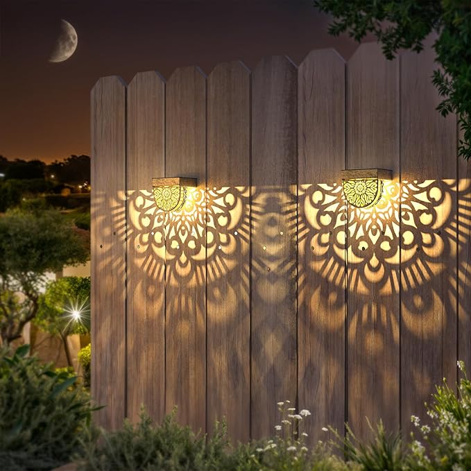 6 Pack Solar Fence Lights Outdoor Wall Lights Plastic Solar Powered Deck Step Stair Lights Moon Theme Waterproof Fence Solar Light for Garden Post Patio Backyard Yard Decor (Gold, 6 Pack)