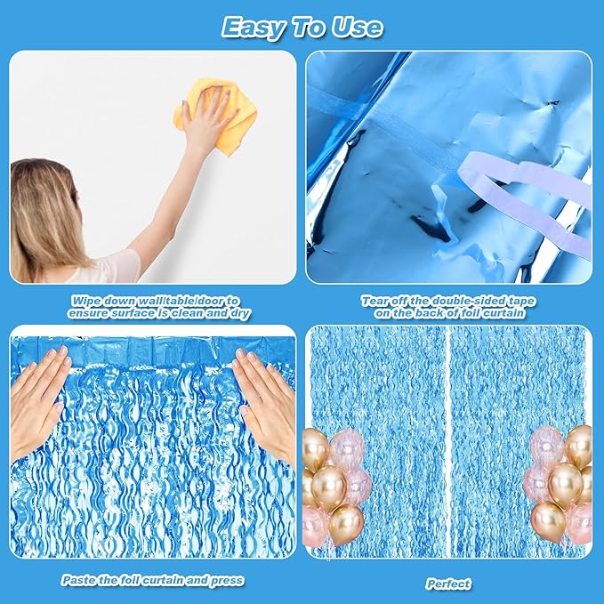 2 Pack 3.2x6.5 Feet Wavy Blue Backdrop Curtain Tinsel Streamers Foil Fringe Backdrop Ocean Themed Decor Baby Shower Bachelorette Disco Winter Under The Sea Summer Pool Beach Party Decorations