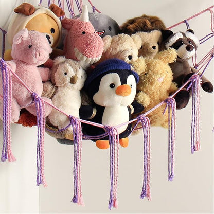 Large Stuffed Animal Hammock Corner Net for Toys Storage Hanging Stuff Animal Organizer Holder Pink Purle Girls Room Bedroom Boho Nursery Decor