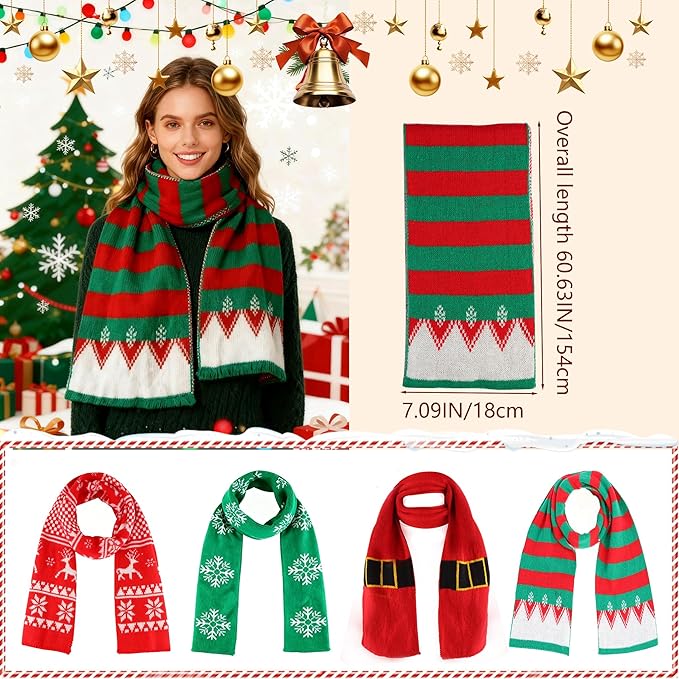 8PCS Christmas Knitted Hat and Santa Scarf Set, Elf Hat Crochet Christmas Scarf, Xmas Party Hats with Pompom, Knitted Caps for Adult Teens XAMS Photo Booth Props XAMS Gift Xmas Costume Accessories