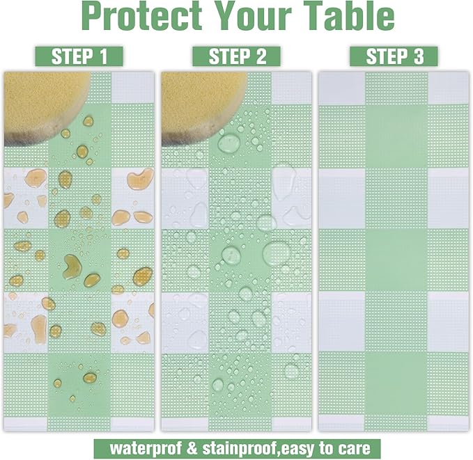 Kesfey 9 Packs Sage Green Gingham Tablecloth Sage Green and White Checkered Table Cloths 54 x 108 Inches Disposable Plastic Gingham Tablecovers Waterproof Picnic Camping Table Covers for Baby Shower