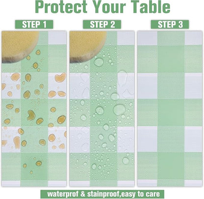 Kesfey 9 Packs Sage Green Gingham Tablecloth Sage Green and White Checkered Table Cloths 54 x 108 Inches Disposable Plastic Gingham Tablecovers Waterproof Picnic Camping Table Covers for Baby Shower