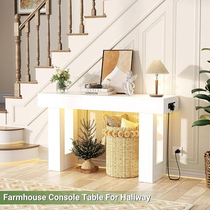 Unikito 47" Entryway Table with Socket and Sensor Light, Narrow Console Table with Storage Behind Couch, Farmhouse Entry Way Tables with Open Storage for Entrance/Hallway/Living Room, White
