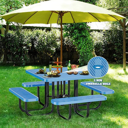 47'' Heavy-Duty Metal Picnic Tables with Umbrella Hole, Outdoor Steel Heavy Duty Commercial Grade Black Table, Outdoor Bench Set for Lawn, Patio, Park, Yard, Garden, Porch (Set B, Square)
