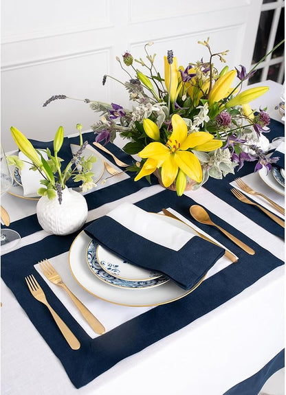 Solino Home Linen Table Runner 90 Inches Long - 100% Pure Linen Navy and White Table Runner 14 x 90 Inch for Fall, Autumn, Christmas, Holiday, Winter, New Year - Contempo