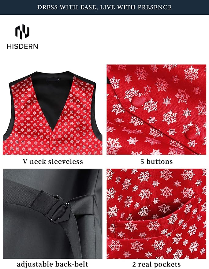 HISDERN Men's Suit Vest Christmas Holiday Season Party Jacquard Waistcoats Necktie Pocket Square Vest Suit Set