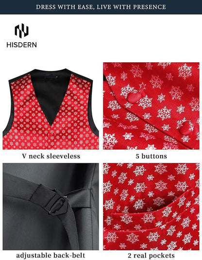 HISDERN Men's Suit Vest Christmas Holiday Season Party Jacquard Waistcoats Necktie Pocket Square Vest Suit Set