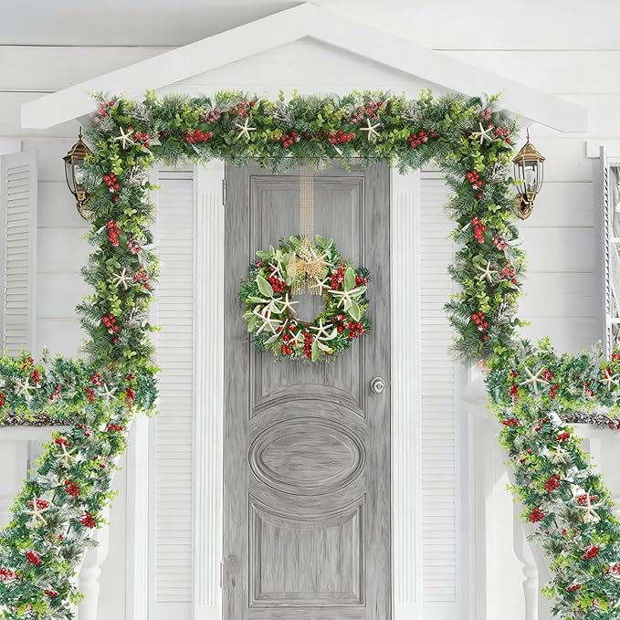 6 Feet Natural Starfish Christmas Garland for Mantle Sea Star Fish Artificial Garland with Lamb's Ear Leaves Pinecone Red Berries for Home Kitchen Cabinet Christmas Tree Farmhouse Porch Fireplace