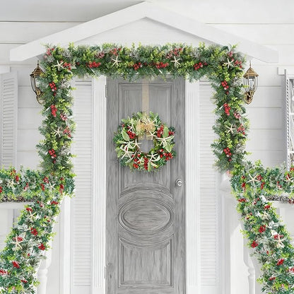 6 Feet Natural Starfish Christmas Garland for Mantle Sea Star Fish Artificial Garland with Lamb's Ear Leaves Pinecone Red Berries for Home Kitchen Cabinet Christmas Tree Farmhouse Porch Fireplace