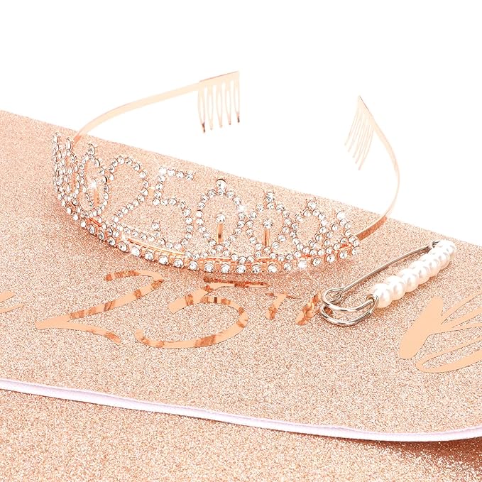 CIEHER 25th Birthday Crown Sash and Pearl Pin Set, 25th Birthday Gifts for Girls It's My 25 Birthday Decorations Women
