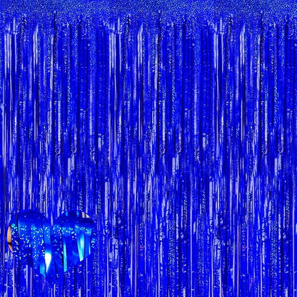 4 Pack Blue Fringe Curtain Backdrop, 3.2Ft x 8.2Ft Sparkle Metallic Tinsel Foil Fringe Streamers Background for Photo Booth Birthday Wedding Baby Shower Party Thanksgiving Christmas Decorations