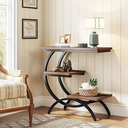 Tribesigns C-Shaped End Table Set of 2, Industrial 3-Tier Small Side Table for Couch, Wood Bedside Table Snack Side Table with Storage Shelves for Living Room Small Space, Rustic Brown