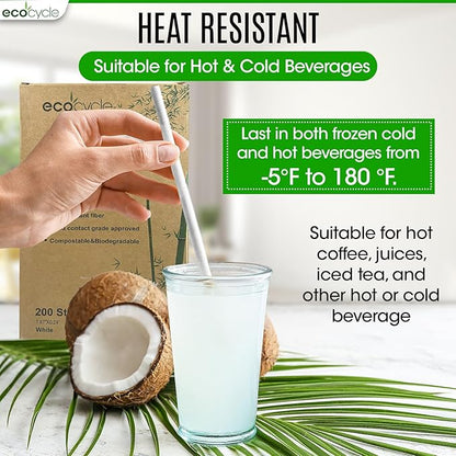 Biodegradable Disposable Bamboo Fiber Straws- 200pcs | 7.8'' Inch | Compostable and Biodegradble
